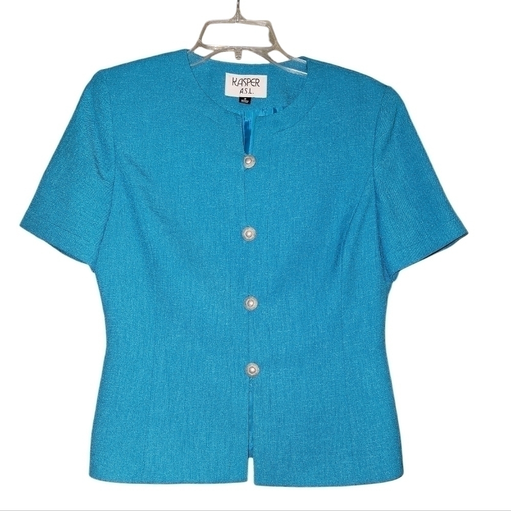 Kasper size 8 short sleeve button down blue dress jacket. Has shoulder pads